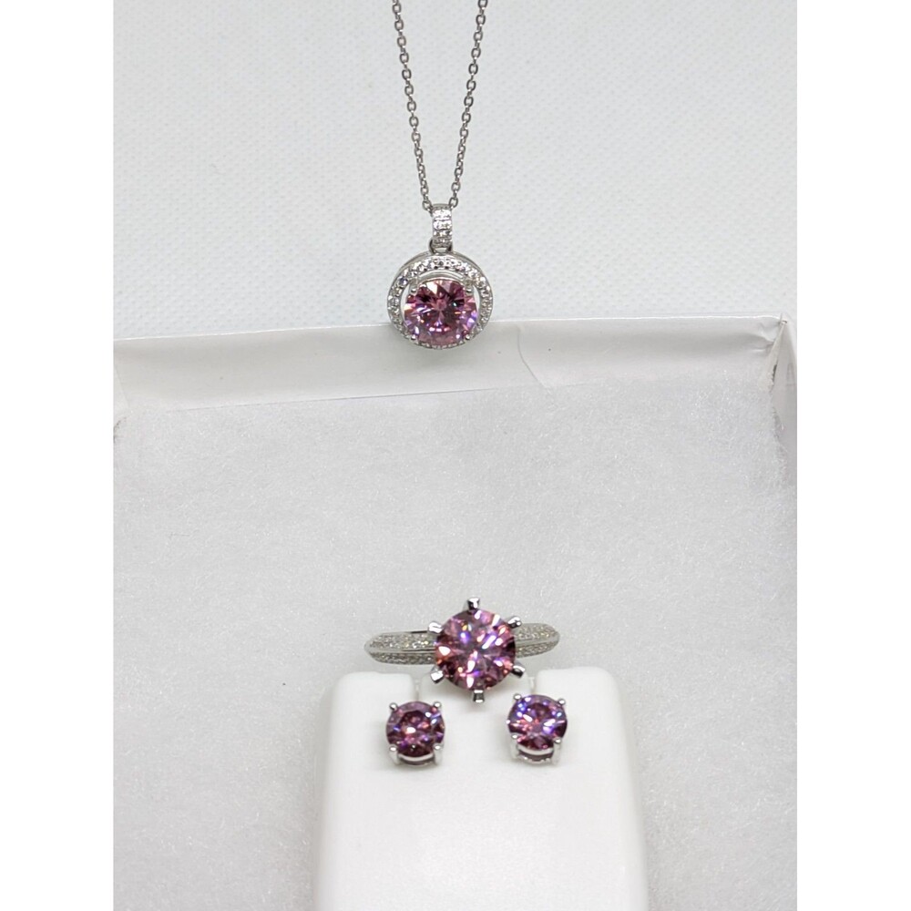 7Ctw Pink Moissanite Jewelry Set. Chain, Ring, & Earrings In 925 Silver. Bundle